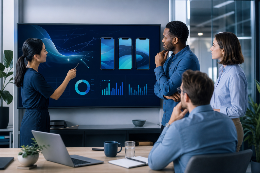 Enterprise team reviewing mobile-first design ROI metrics on a dashboard