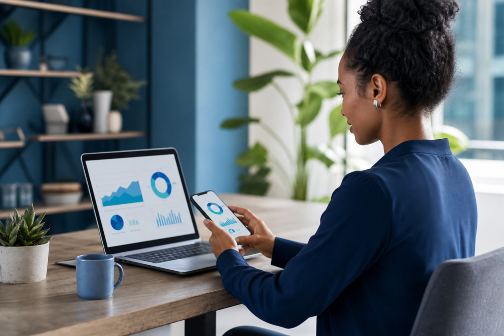 Small business owner reviewing mobile website analytics on laptop and smartphone