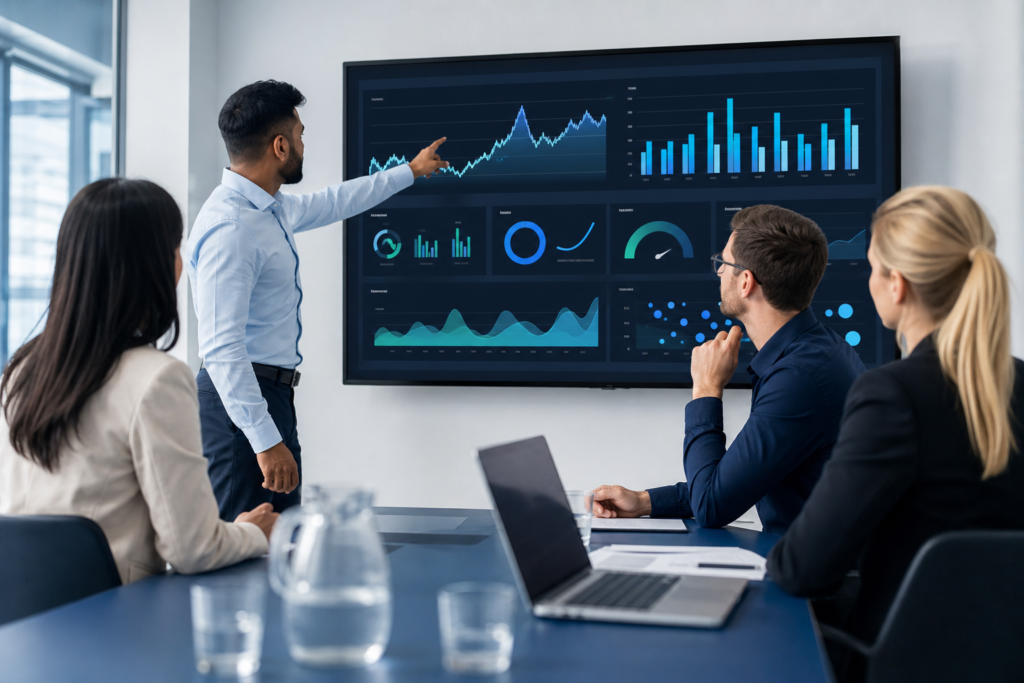 Enterprise team reviewing PWA ROI metrics in a meeting room