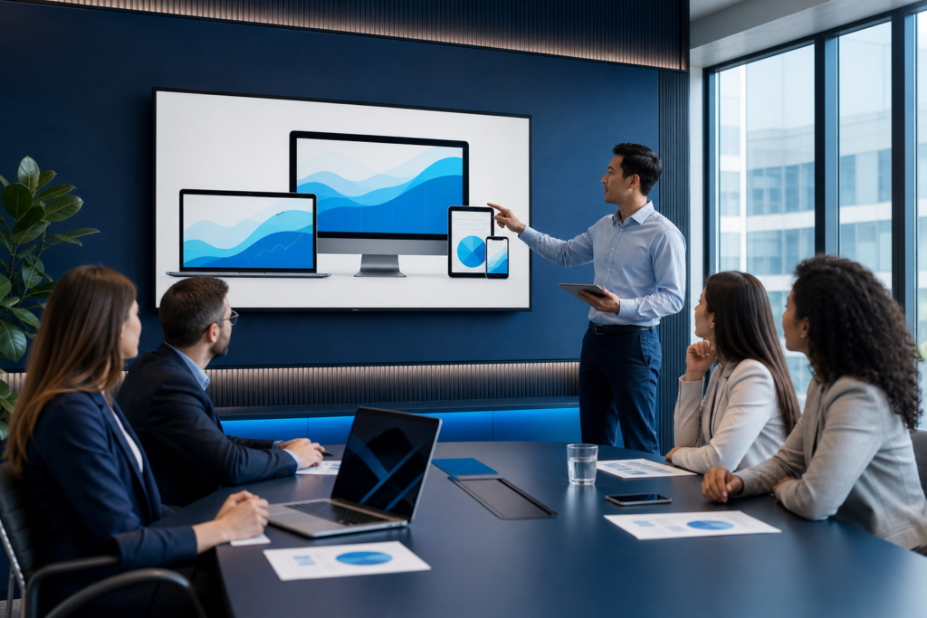 Enterprise team reviewing responsive web design performance metrics in a modern office