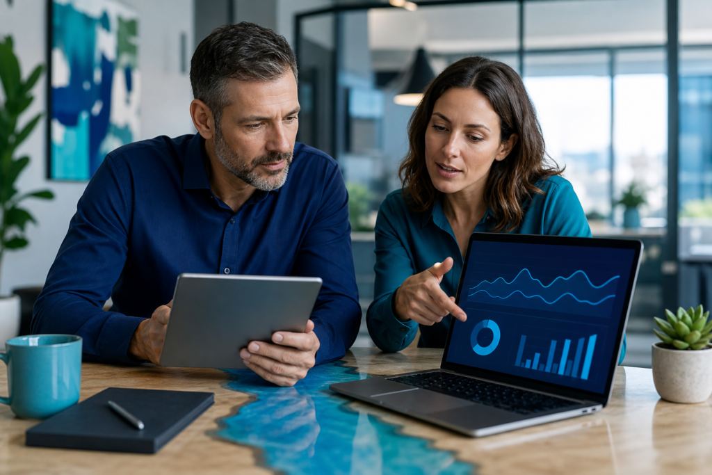 Small business owner reviewing responsive web design performance with a strategist
