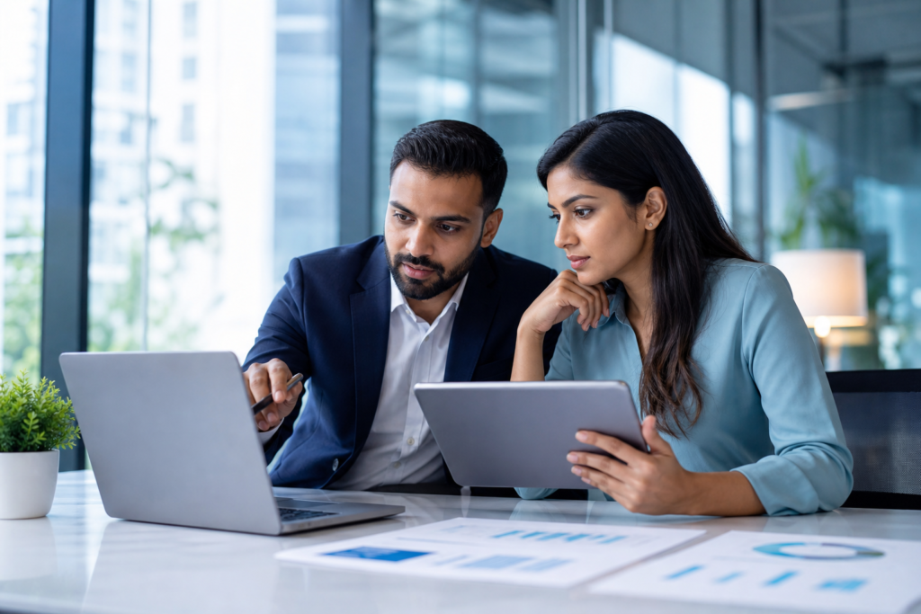 Business team reviewing Shopify development ROI metrics on a laptop in a modern office