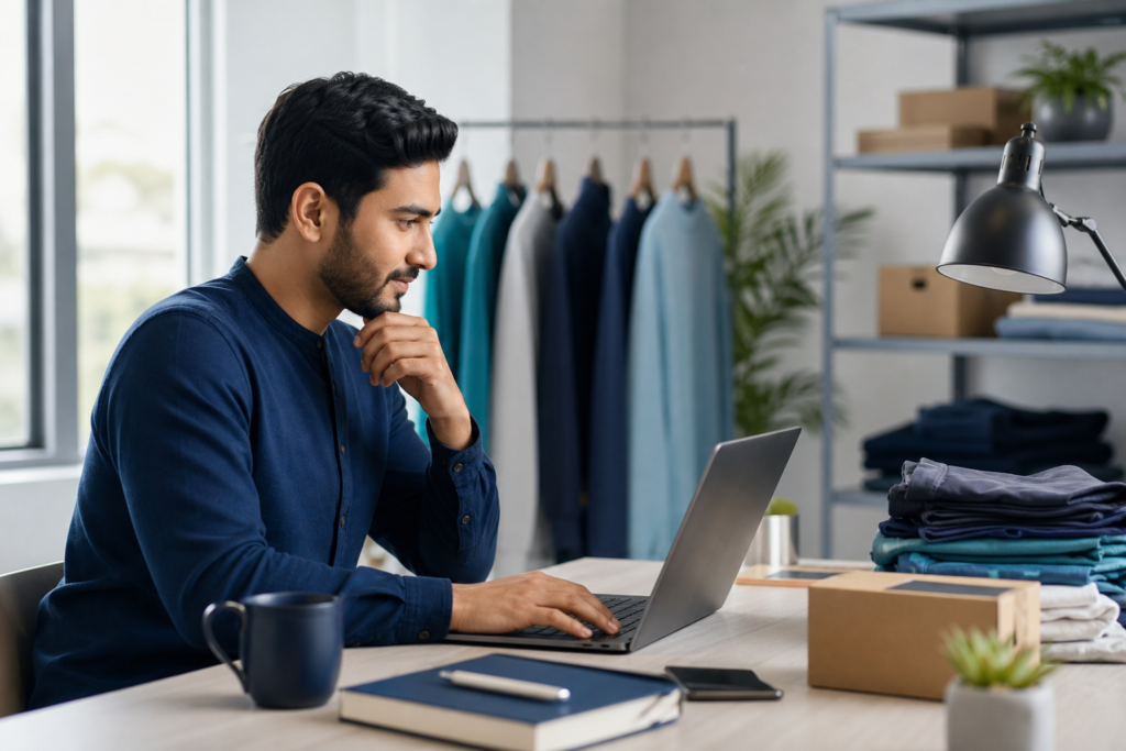 Professional editorial scene of an ecommerce strategist analyzing Shopify development ROI metrics