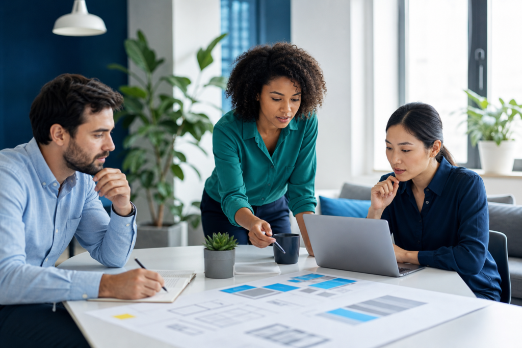 Small business team reviewing user experience design metrics and website performance data