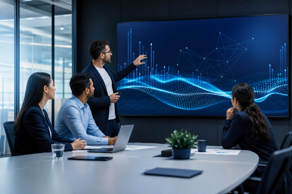 Enterprise team reviewing web application architecture ROI metrics in a modern office