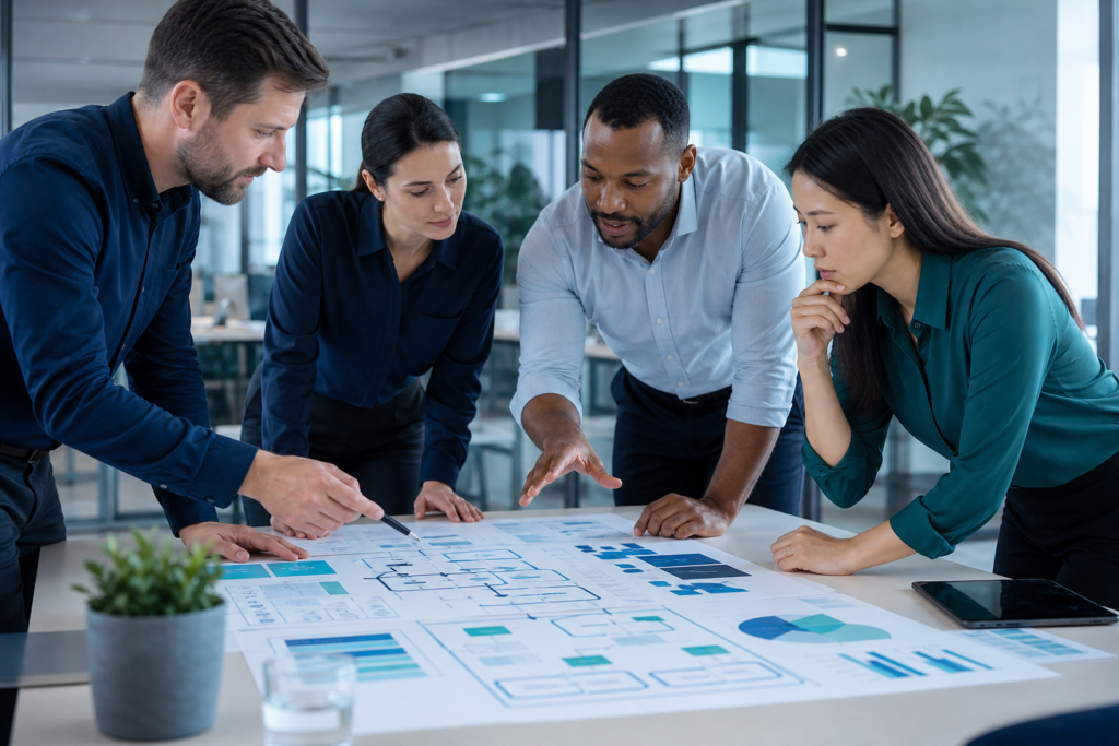 Startup team reviewing web application architecture ROI planning in a modern office