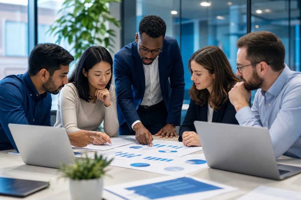 Enterprise team reviewing web development outsourcing ROI metrics