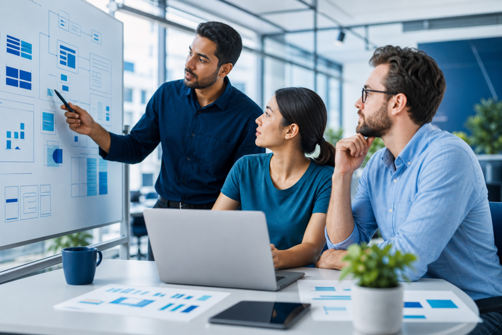 Startup team reviewing web development outsourcing ROI metrics in a modern office