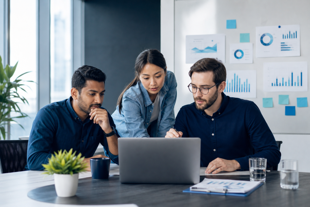 Startup team reviewing web development quality assurance metrics