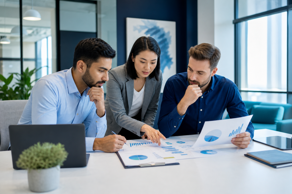 Startup team reviewing website budget planning and ROI metrics