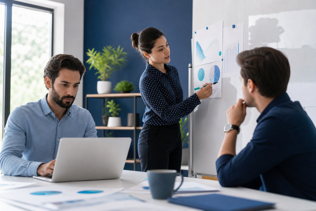 Startup team reviewing website content planning ROI metrics in a modern office