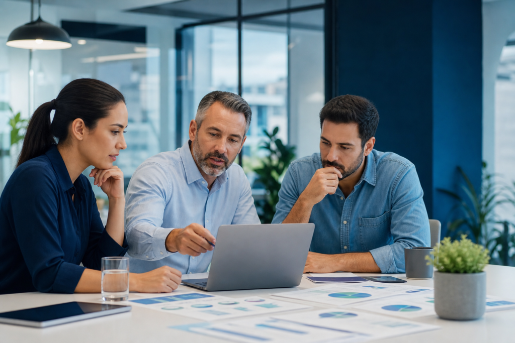 Business team reviewing website launch planning ROI metrics