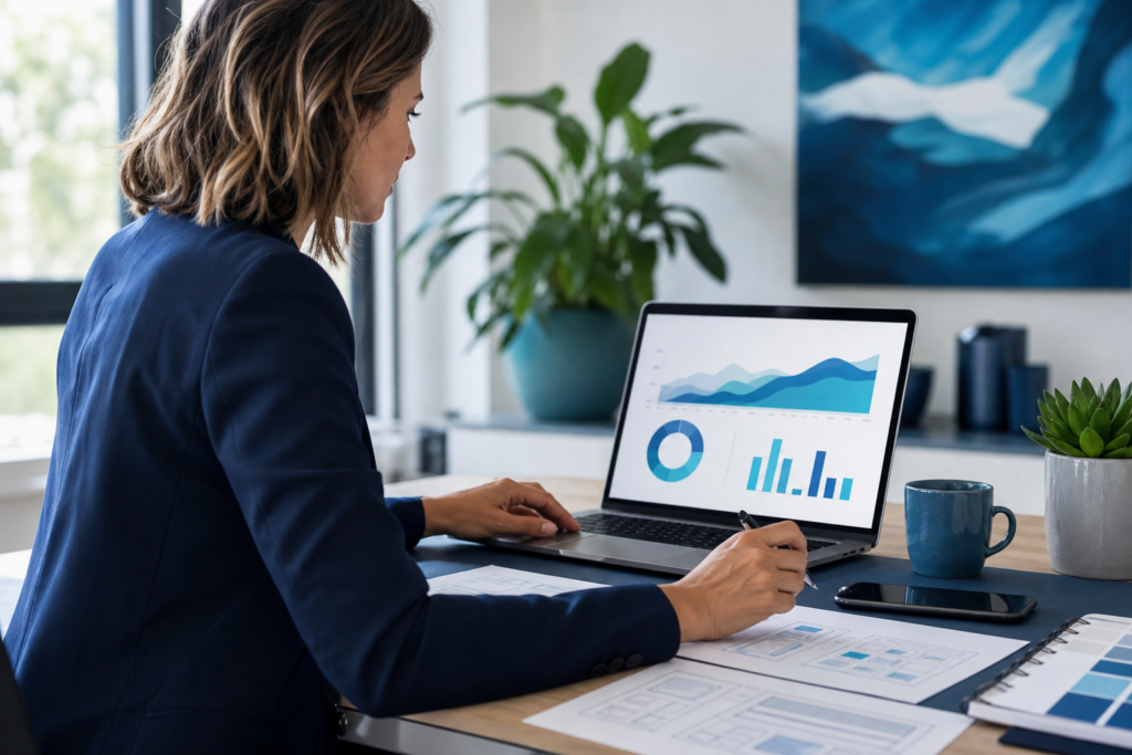 Small business owner reviewing website navigation analytics and planning