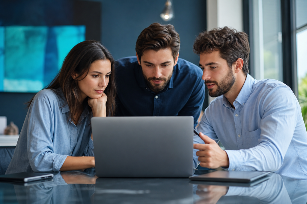 Startup team reviewing website performance analytics for ROI measurement