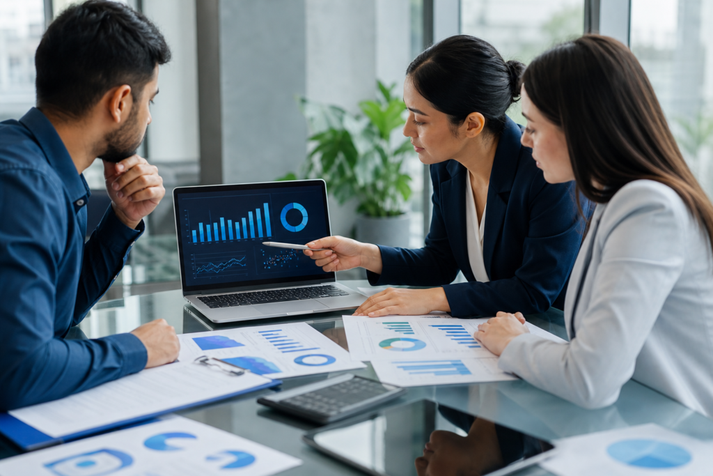 Business team reviewing WooCommerce performance metrics and ROI on a laptop