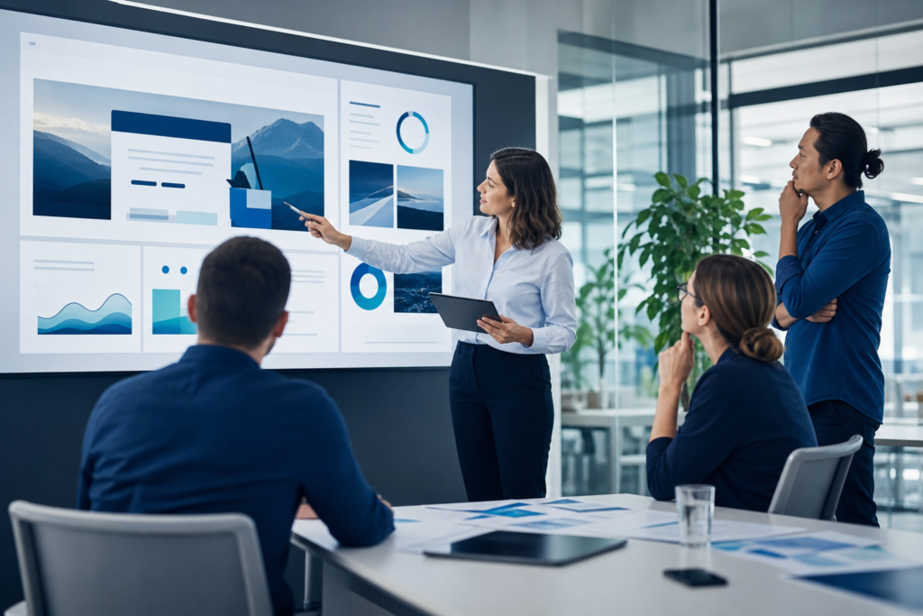 Enterprise team reviewing landing page design best practices in a modern office