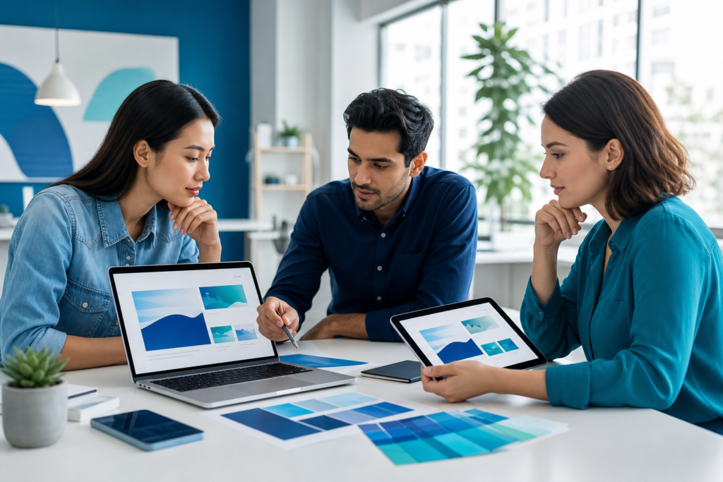 Small business team reviewing landing page design on a laptop