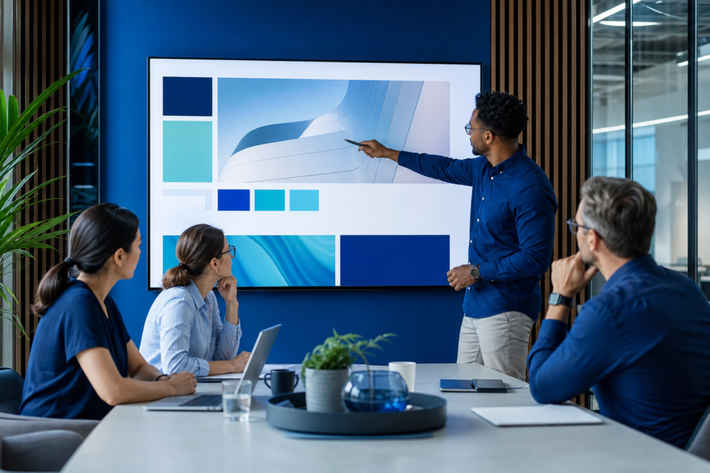Enterprise team reviewing a landing page design checklist in a modern meeting room