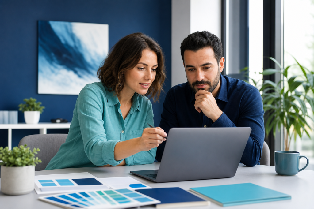 Small business team reviewing a landing page design checklist on a laptop