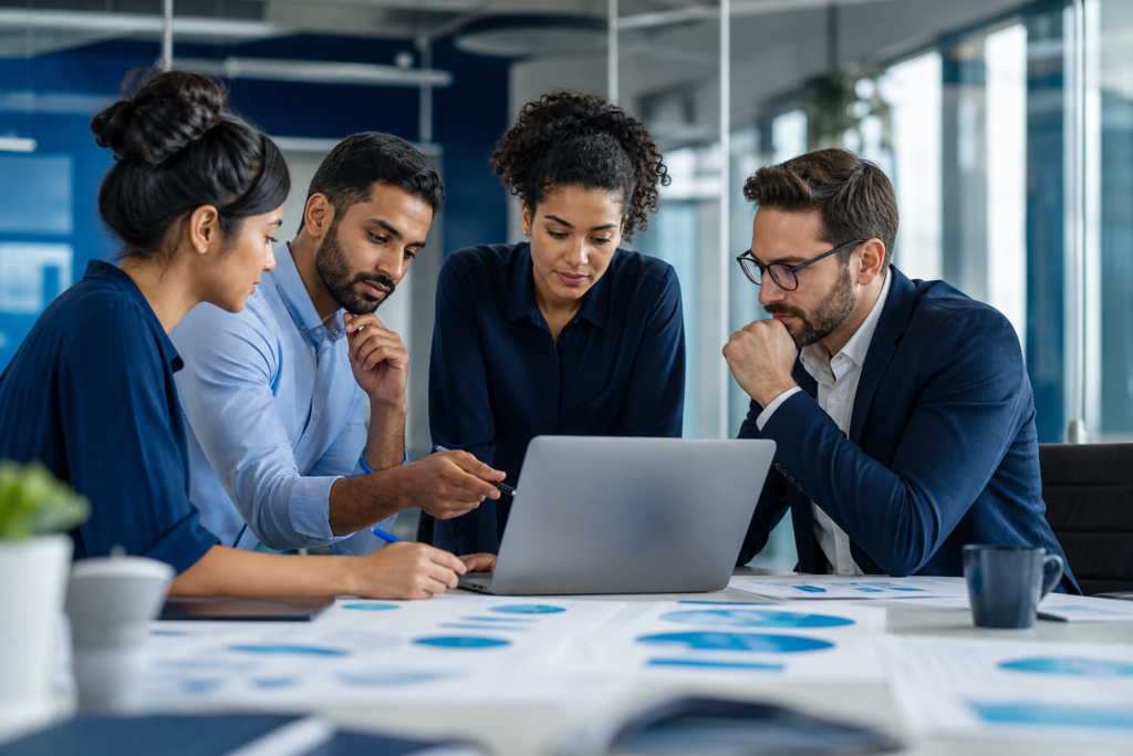 Enterprise team planning landing page design budget in a modern office