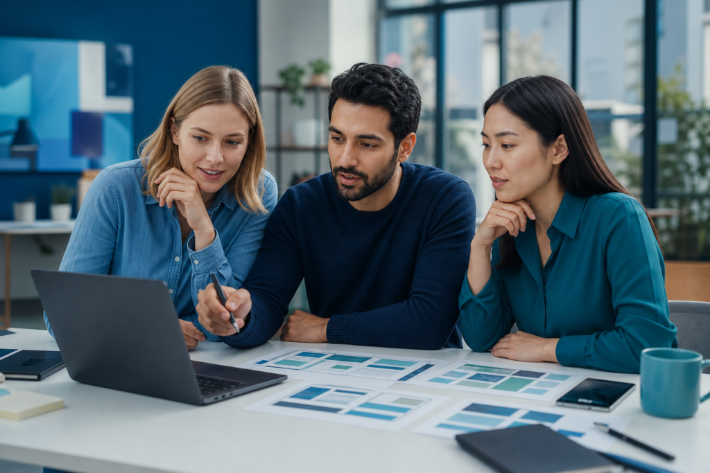 Small business team reviewing landing page design plans in a modern workspace