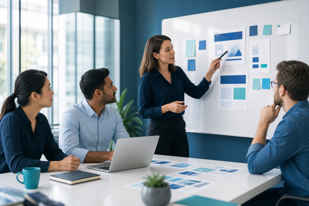 Enterprise team planning landing page design strategy in a modern office