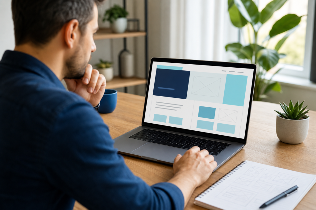 Small business owner planning a landing page design on a laptop