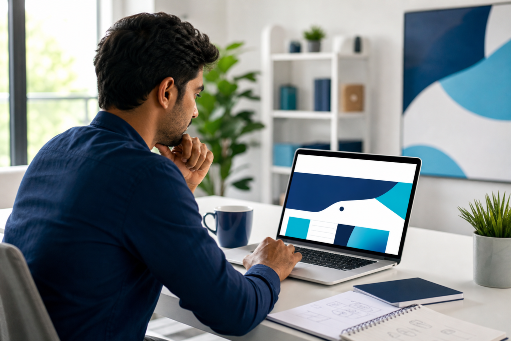 Small business owner reviewing landing page design strategy on a laptop