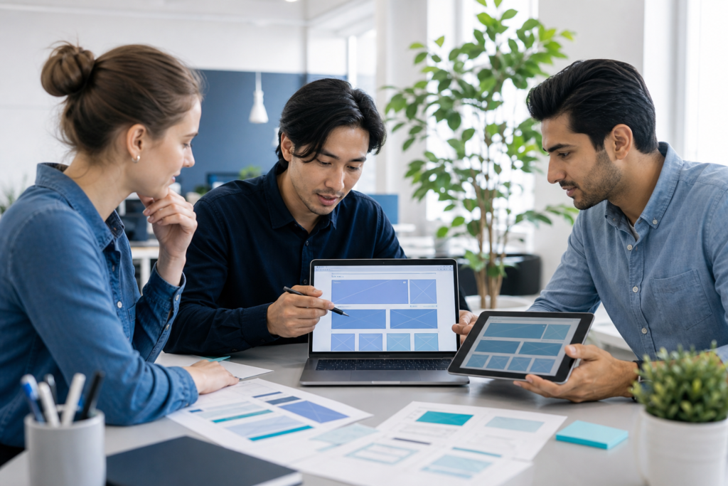 Small business team reviewing a landing page design on a laptop