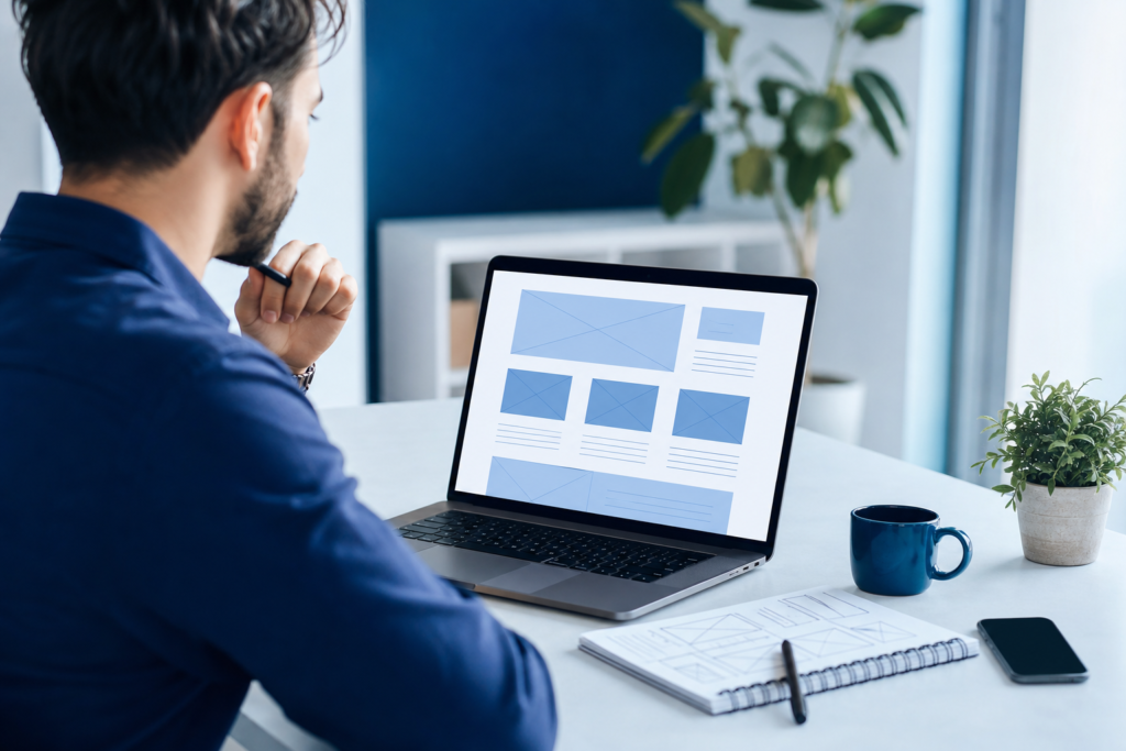 Small business owner reviewing a landing page design solution on a laptop