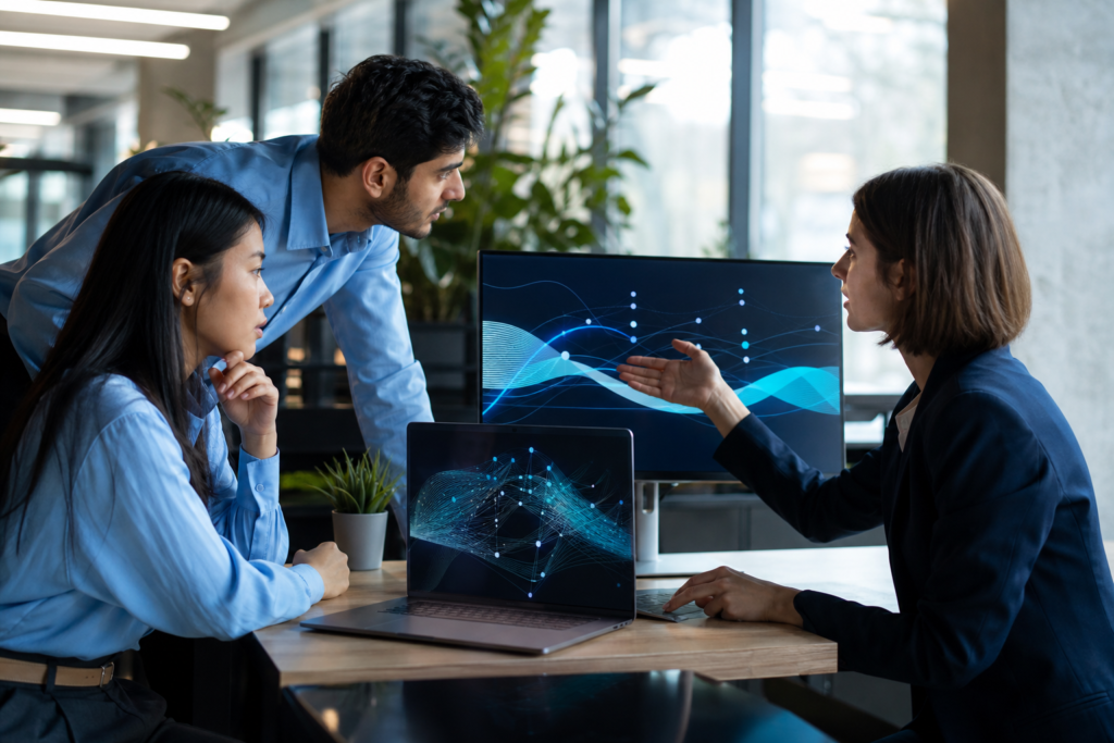 Startup team reviewing API integration ROI metrics on a screen