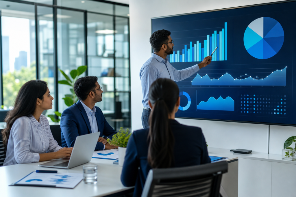 Business team reviewing website budget planning ROI metrics in a modern office