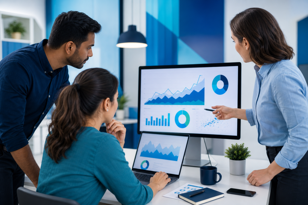 Team reviewing product page performance metrics in a modern office