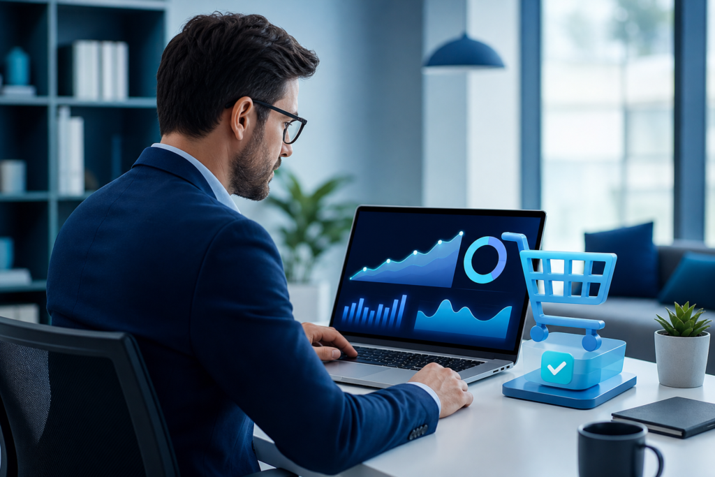 Ecommerce professional analyzing shopping cart optimization ROI on a laptop