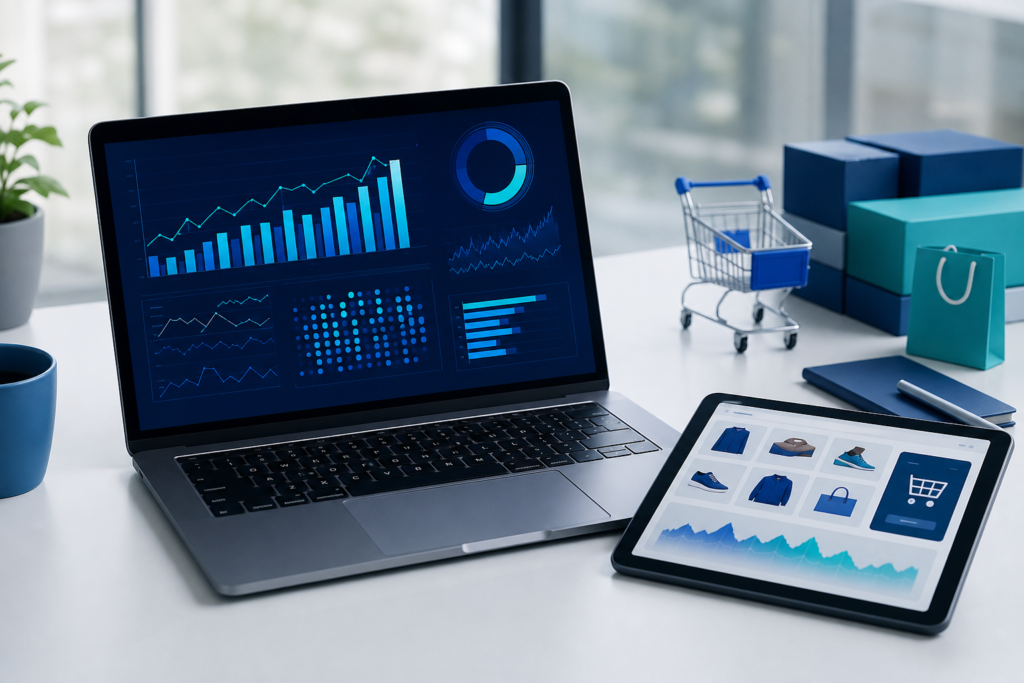 Professional editorial image of e-commerce analytics and shopping cart optimization planning