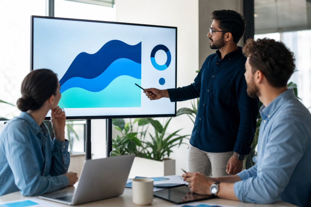 Startup team reviewing website redesign strategy ROI metrics on a screen