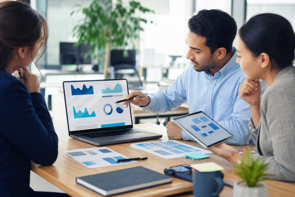 Small business team reviewing website visual hierarchy and analytics