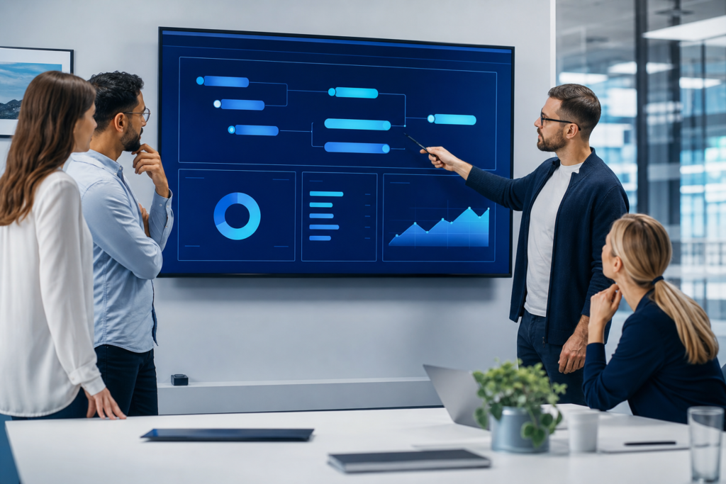Business team reviewing a website project roadmap and ROI metrics in a modern office