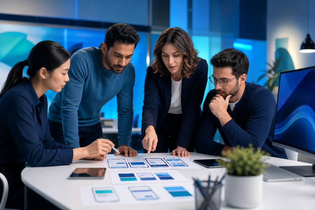 Enterprise design team reviewing mobile-first design on a modern workstation