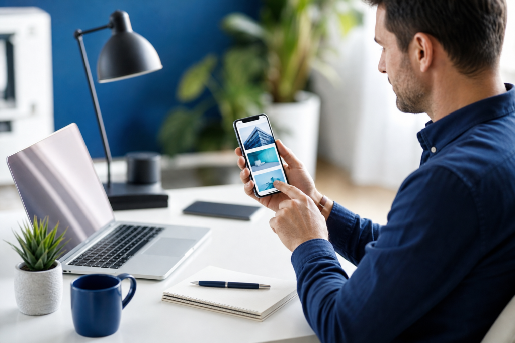 Small business owner reviewing a mobile website design on a smartphone