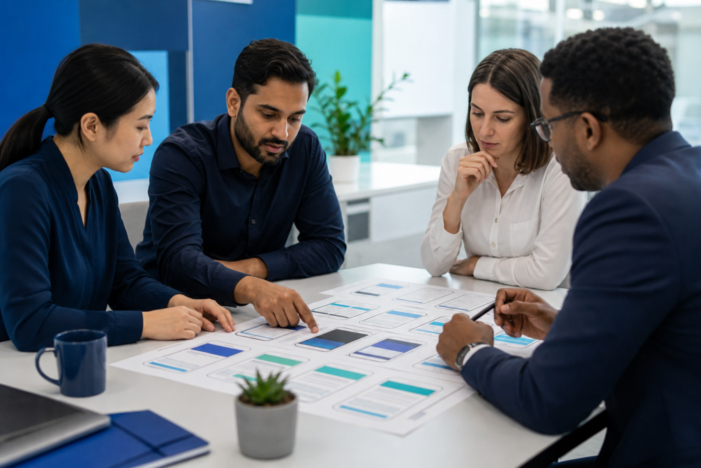 Enterprise team reviewing a mobile-first design checklist in a modern office