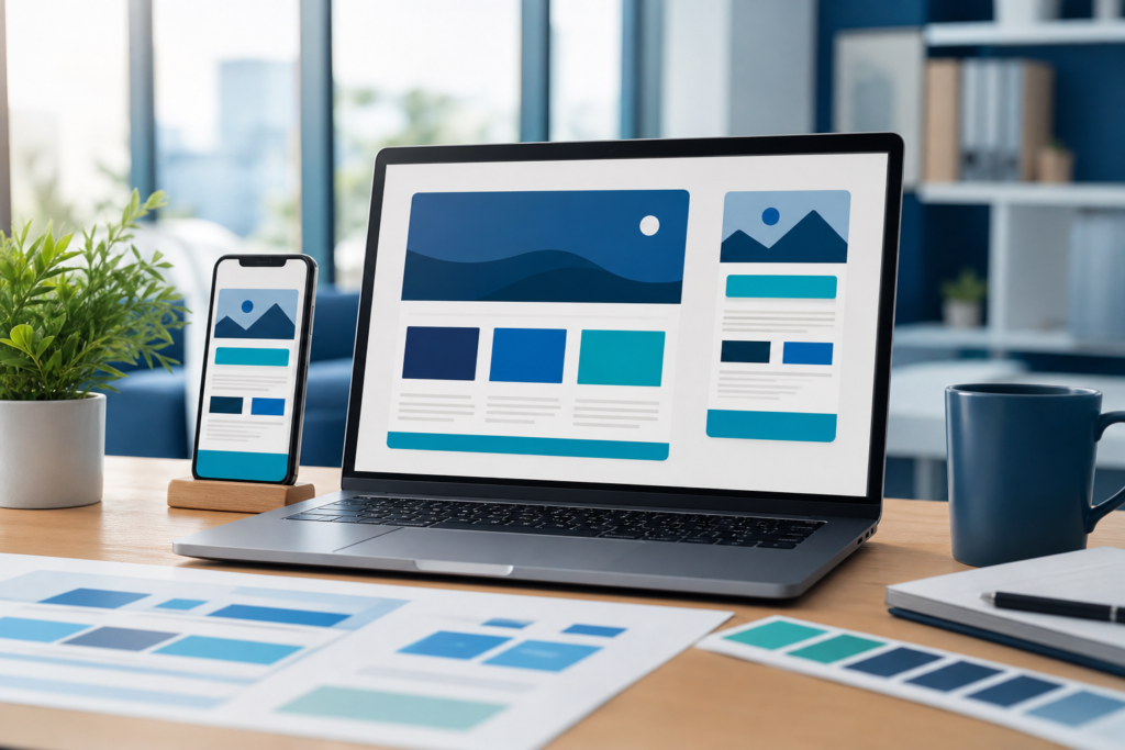 Small business mobile-first website design planning on laptop and smartphone