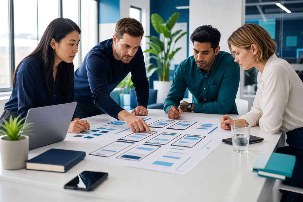 Enterprise team discussing mobile-first website design on devices in a modern office