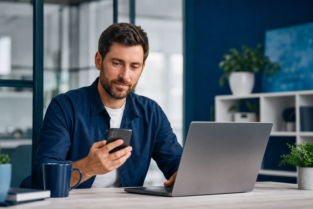 Small business owner reviewing a mobile website design on a smartphone and laptop