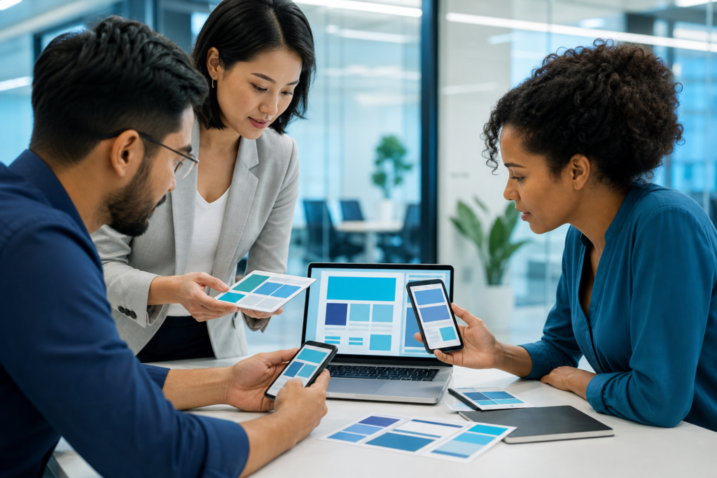 Enterprise team reviewing mobile website layouts for mobile-first design