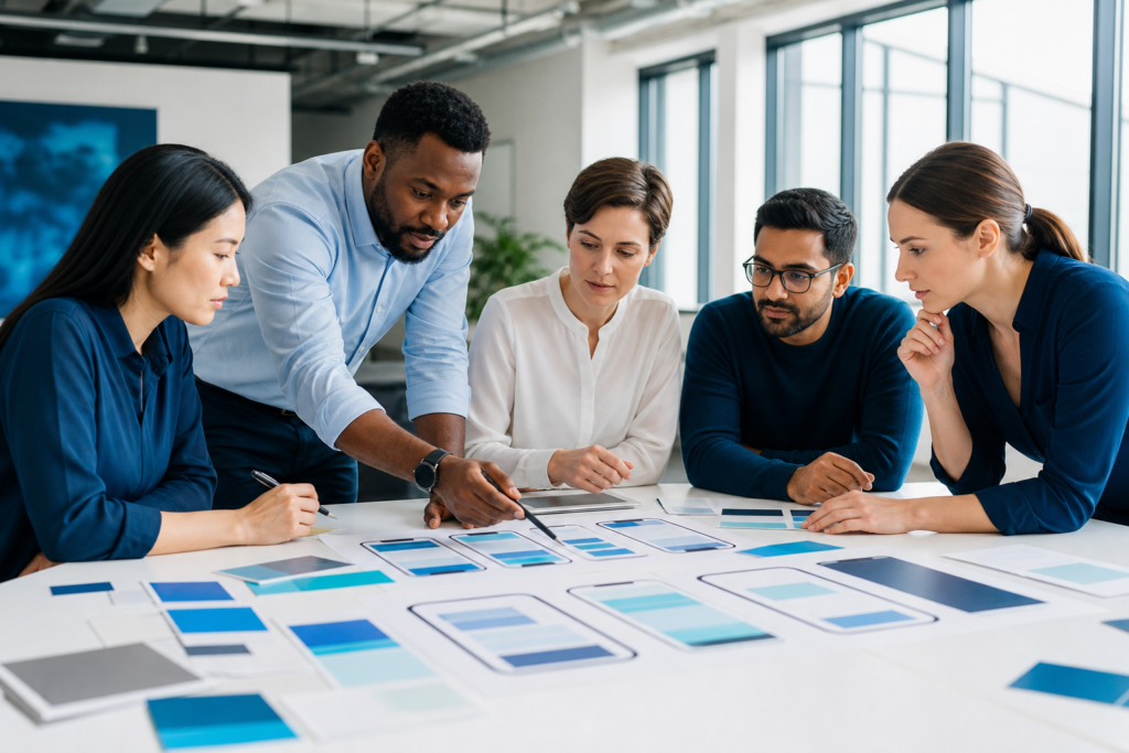 Enterprise team reviewing a mobile-first design solution strategy