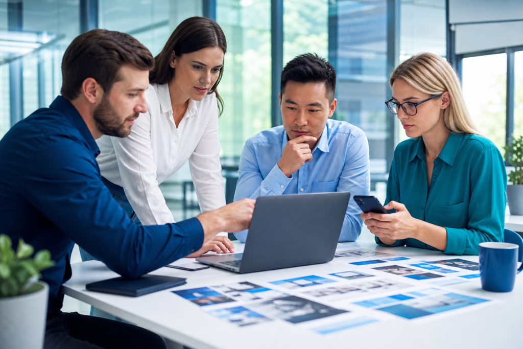 Enterprise team reviewing mobile-first website design on laptop and smartphone
