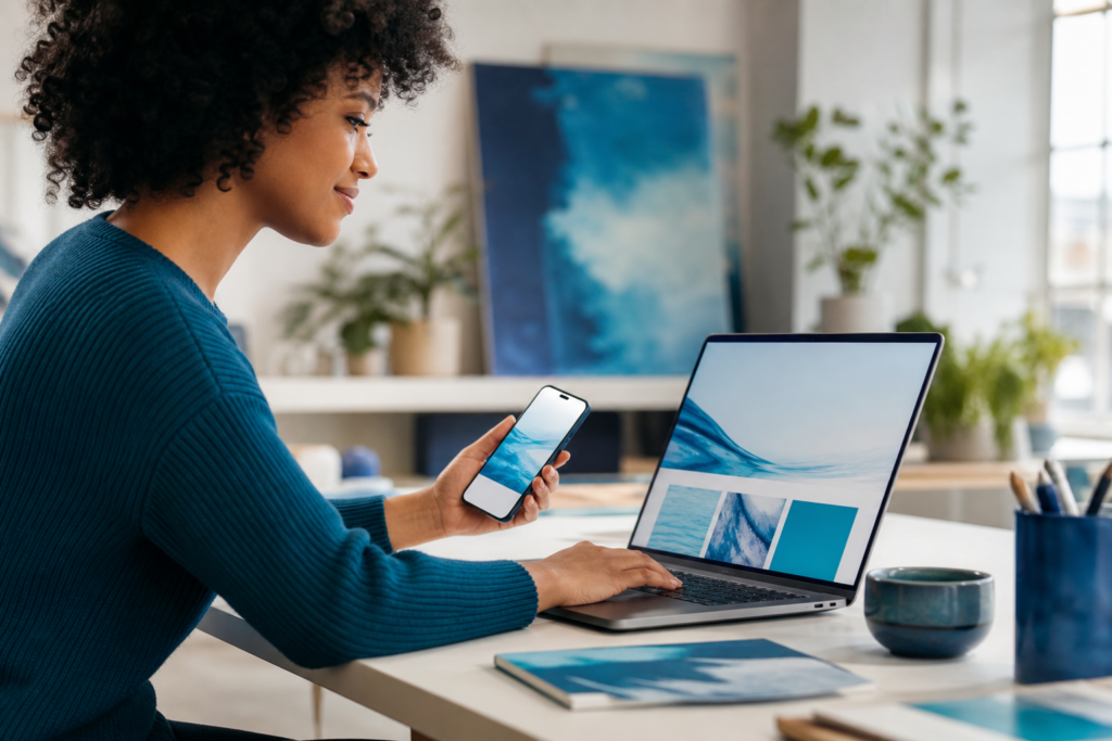 Small business owner reviewing a mobile-first website design on a smartphone