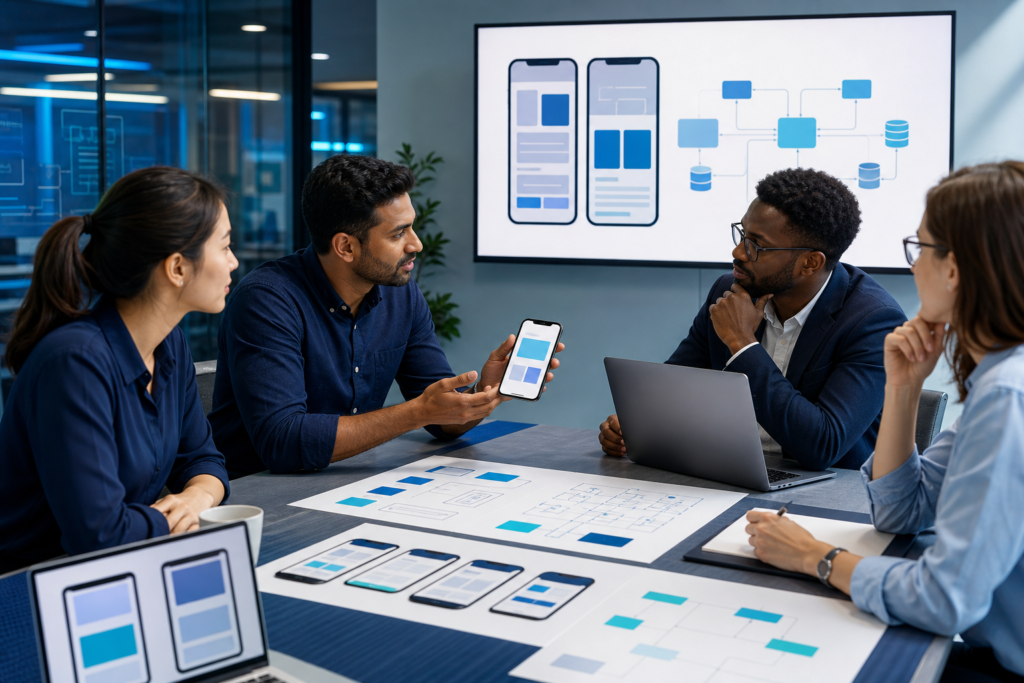 Team comparing native vs cross-platform app development options in a modern strategy meeting