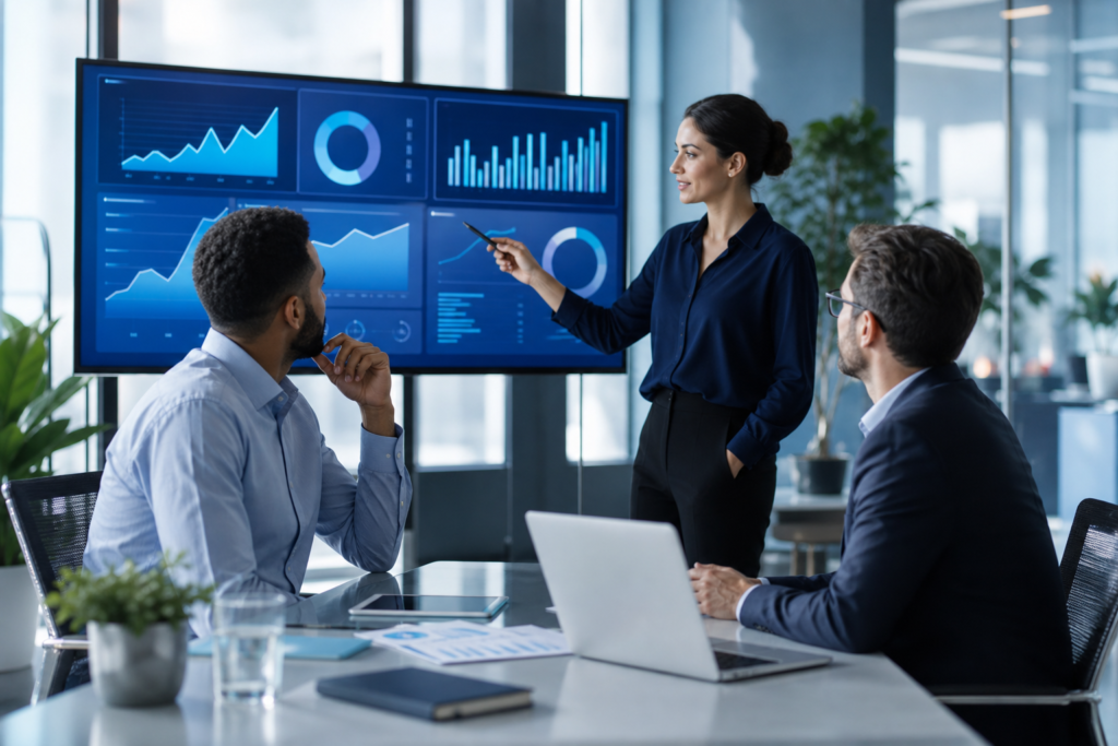 Business team reviewing data dashboards as they move beyond spreadsheets